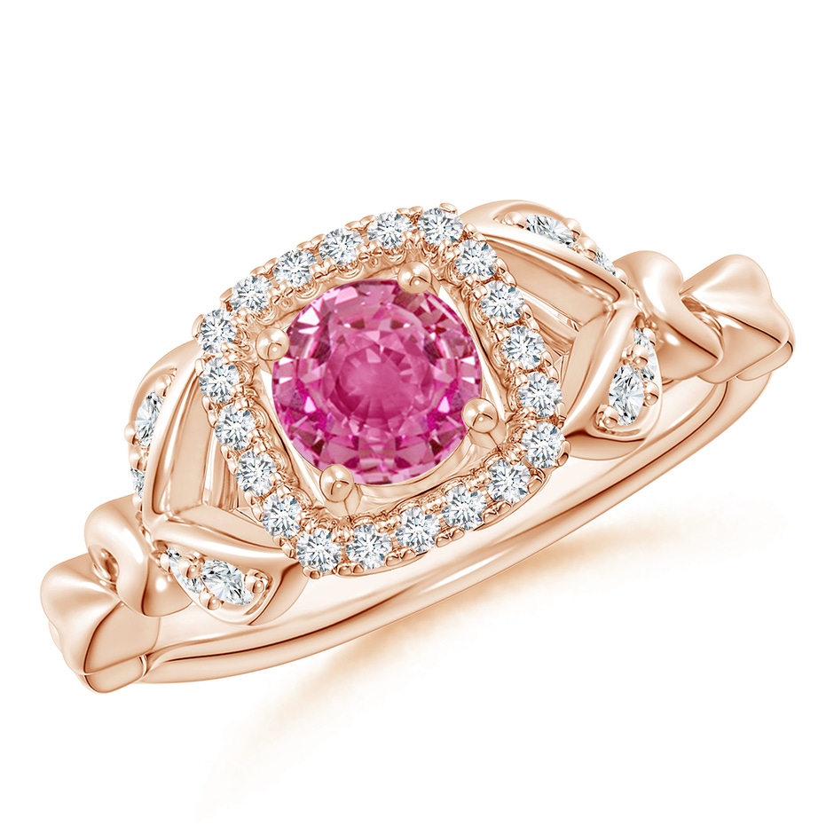 5mm AAA Nature Inspired Pink Sapphire Halo Ring with Leaf Motifs in Rose Gold 