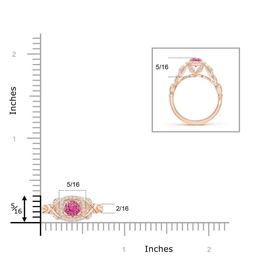 5mm AAA Nature Inspired Pink Sapphire Halo Ring with Leaf Motifs in Rose Gold Product Image