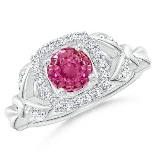 6mm AAAA Nature Inspired Pink Sapphire Halo Ring with Leaf Motifs in P950 Platinum