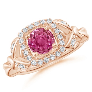 6mm AAAA Nature Inspired Pink Sapphire Halo Ring with Leaf Motifs in Rose Gold