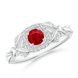4mm AAA Nature Inspired Ruby Halo Ring with Leaf Motifs in White Gold
