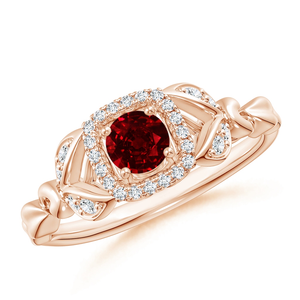 4mm AAAA Nature Inspired Ruby Halo Ring with Leaf Motifs in Rose Gold