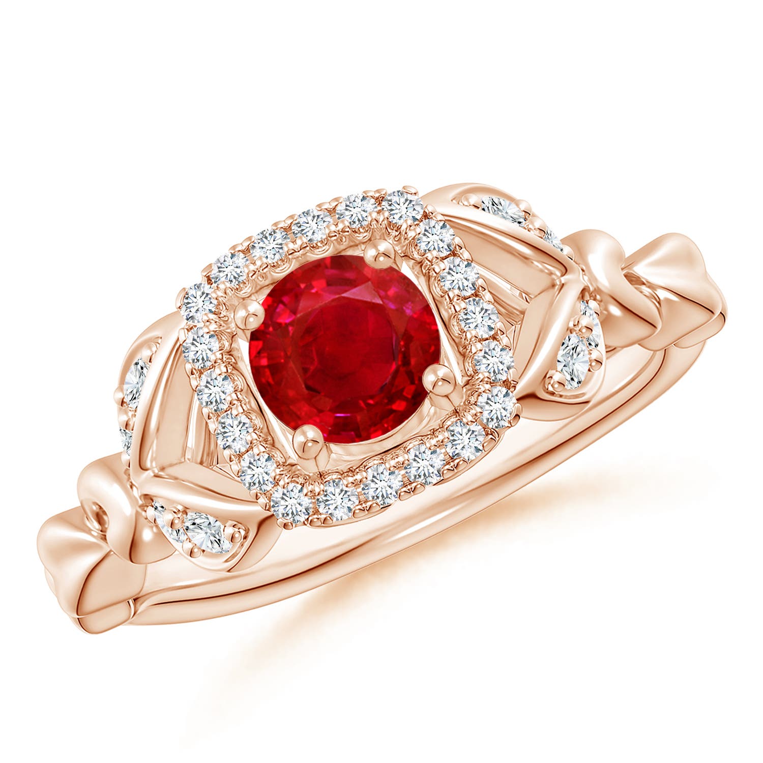 Nature Inspired Ruby Halo Ring with Leaf Motifs | Angara