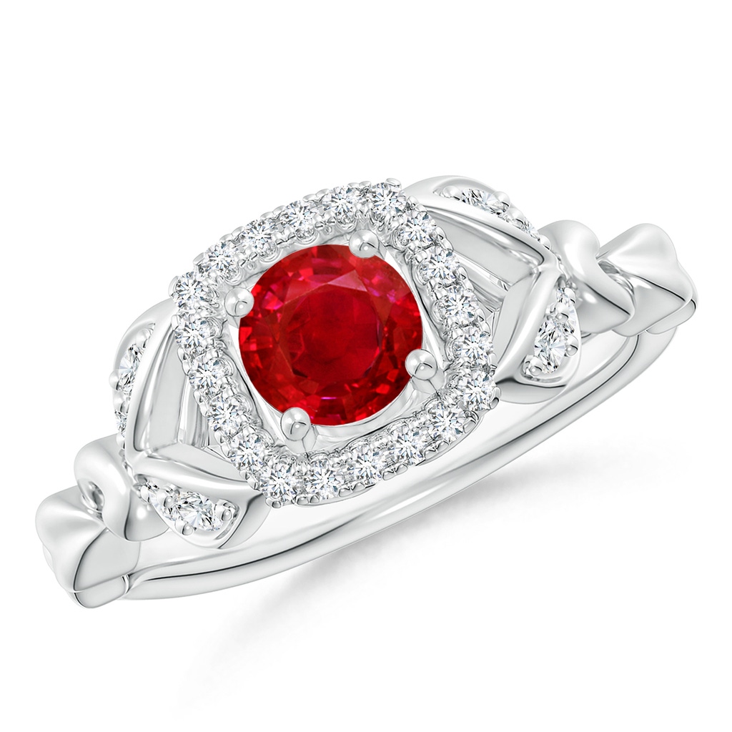 5mm AAA Nature Inspired Ruby Halo Ring with Leaf Motifs in White Gold