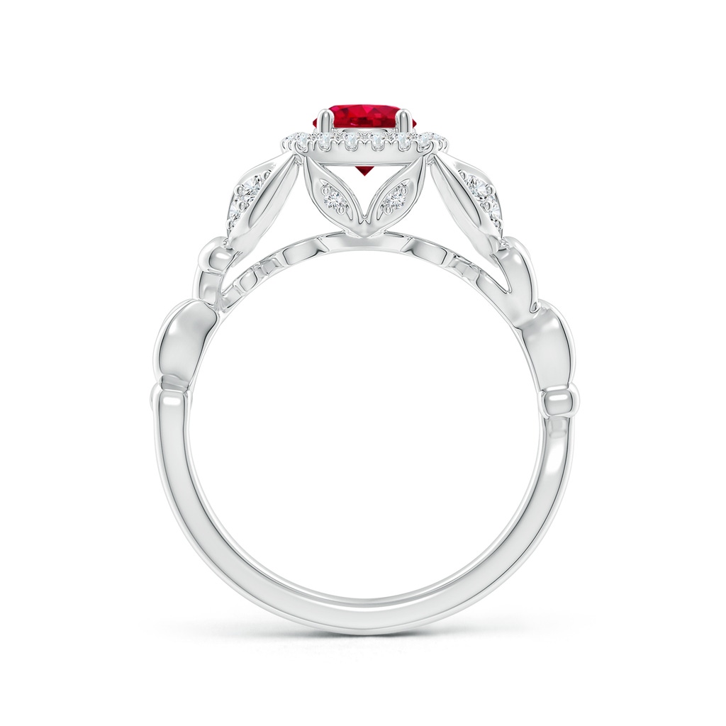 5mm AAA Nature Inspired Ruby Halo Ring with Leaf Motifs in White Gold Product Image