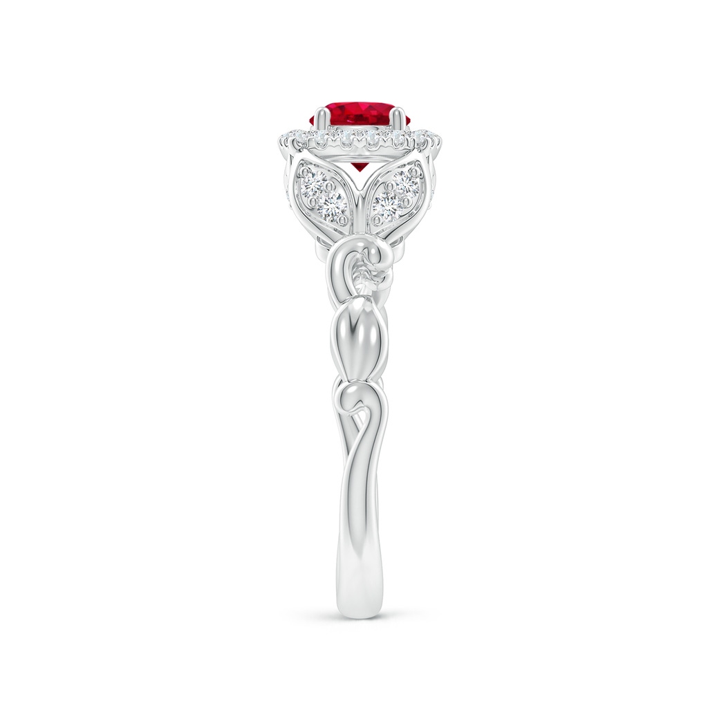 5mm AAA Nature Inspired Ruby Halo Ring with Leaf Motifs in White Gold Product Image