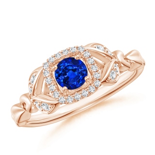 4mm AAAA Nature Inspired Blue Sapphire Halo Ring with Leaf Motifs in Rose Gold