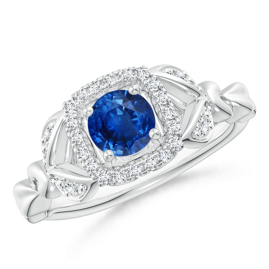 5mm AAA Nature Inspired Blue Sapphire Halo Ring with Leaf Motifs in White Gold 