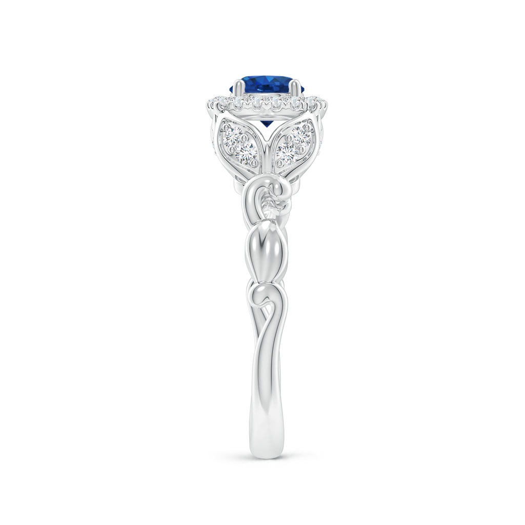 5mm AAA Nature Inspired Blue Sapphire Halo Ring with Leaf Motifs in White Gold Product Image