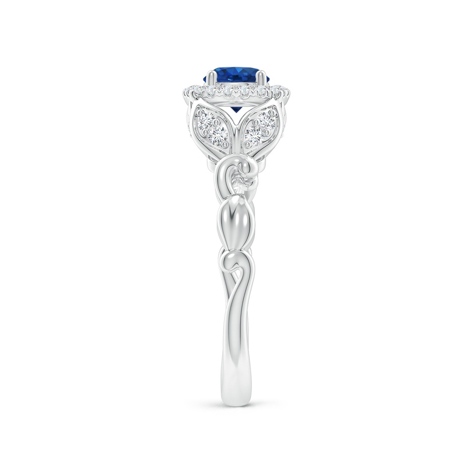 5mm AAA Nature Inspired Blue Sapphire Halo Ring with Leaf Motifs in White Gold product image