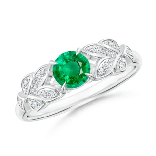 5mm AAA Nature Inspired Round Emerald Leaf Shank Ring in White Gold
