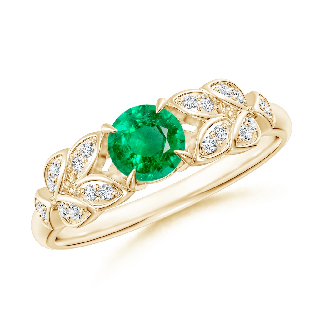 5mm AAA Nature Inspired Round Emerald Leaf Shank Ring in Yellow Gold