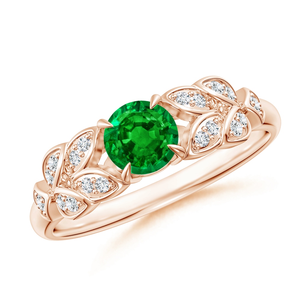 5mm AAAA Nature Inspired Round Emerald Leaf Shank Ring in Rose Gold