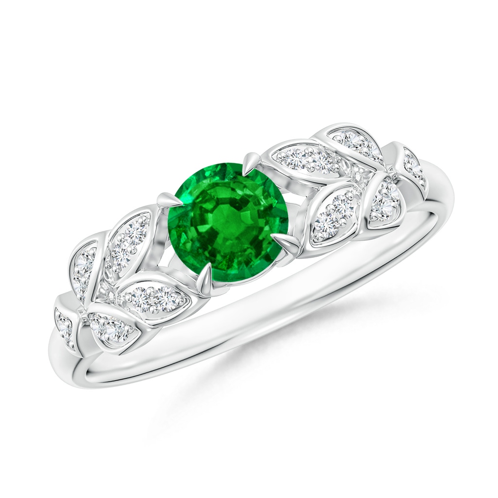 5mm AAAA Nature Inspired Round Emerald Leaf Shank Ring in White Gold