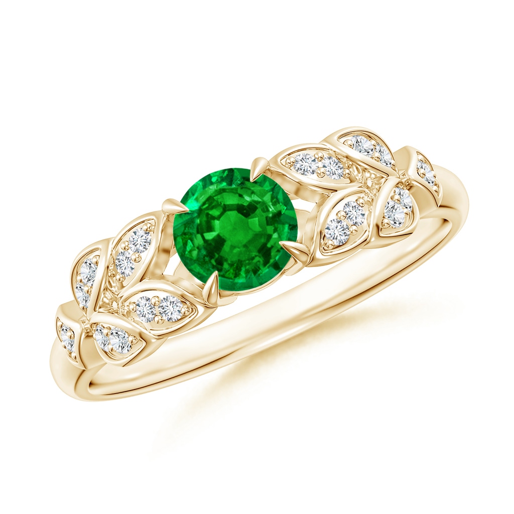 5mm Lab-Grown Nature Inspired Round Emerald Leaf Shank Ring in Yellow Gold