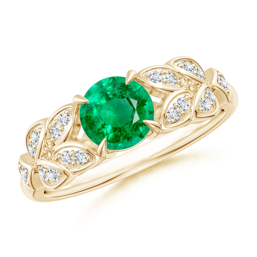 6mm AAA Nature Inspired Round Emerald Leaf Shank Ring in Yellow Gold