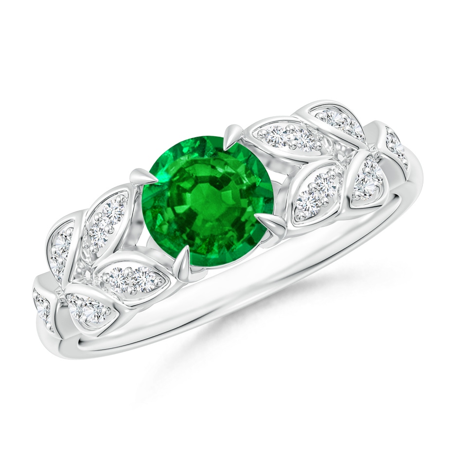6mm Lab-Grown Nature Inspired Round Emerald Leaf Shank Ring in P950 Platinum 