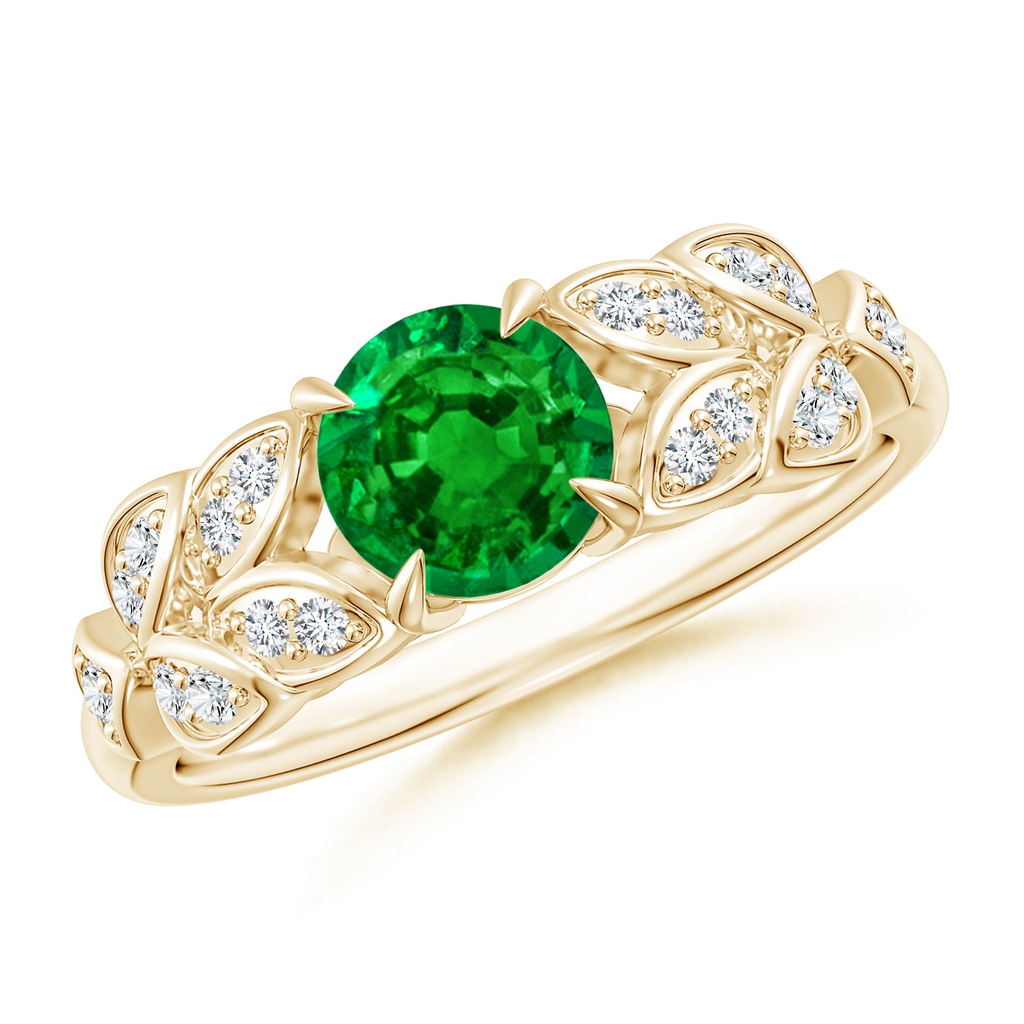 6mm AAAA Nature Inspired Round Emerald Leaf Shank Ring in Yellow Gold