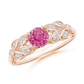 5mm AAA Nature Inspired Round Pink Sapphire Leaf Shank Ring in Rose Gold