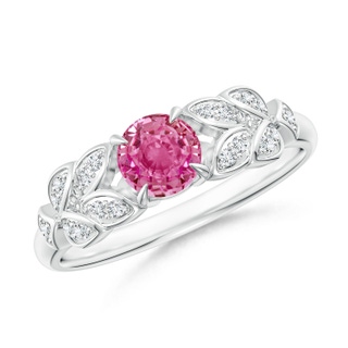 5mm AAA Nature Inspired Round Pink Sapphire Leaf Shank Ring in White Gold