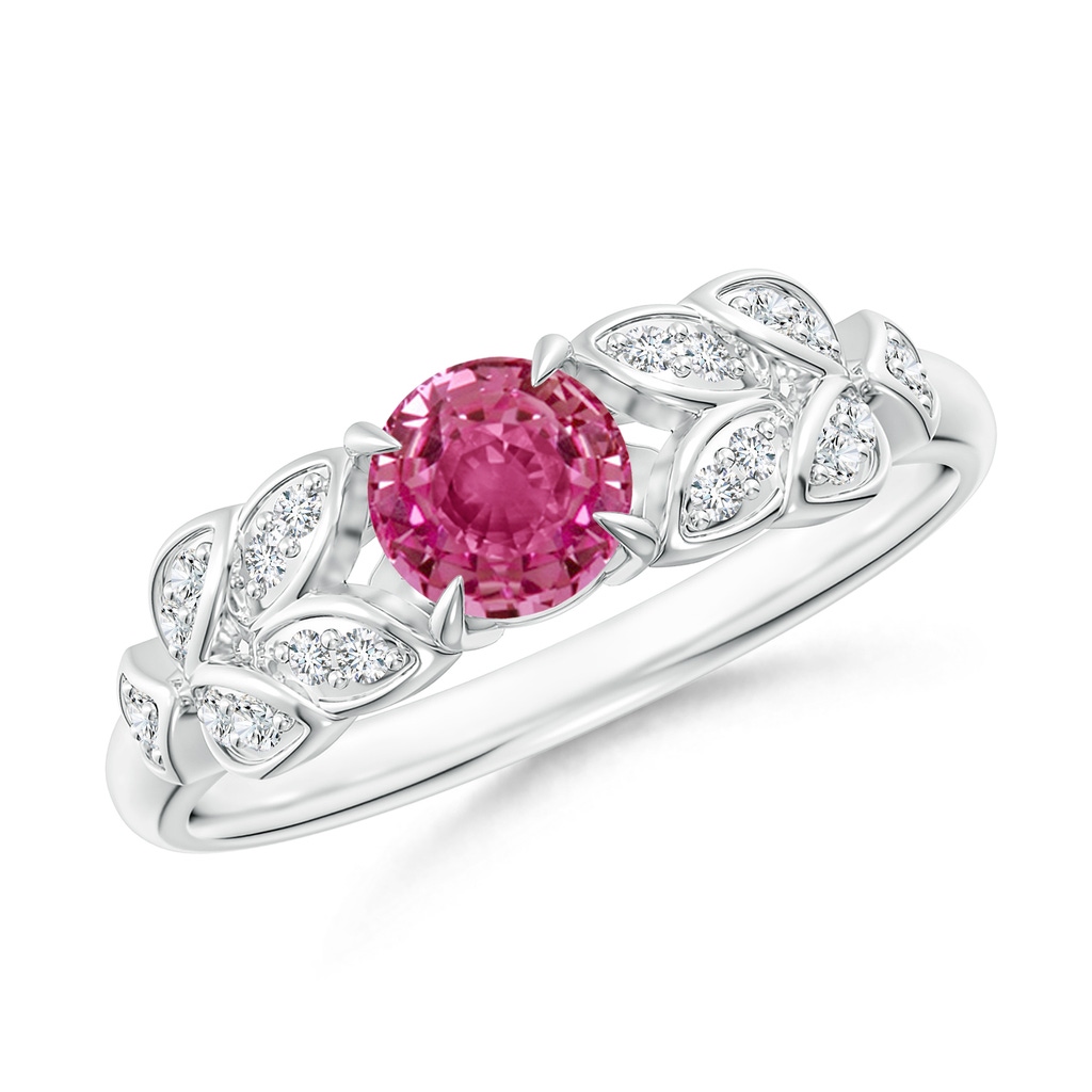 5mm AAAA Nature Inspired Round Pink Sapphire Leaf Shank Ring in P950 Platinum