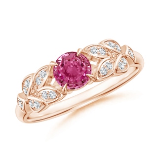 5mm AAAA Nature Inspired Round Pink Sapphire Leaf Shank Ring in Rose Gold