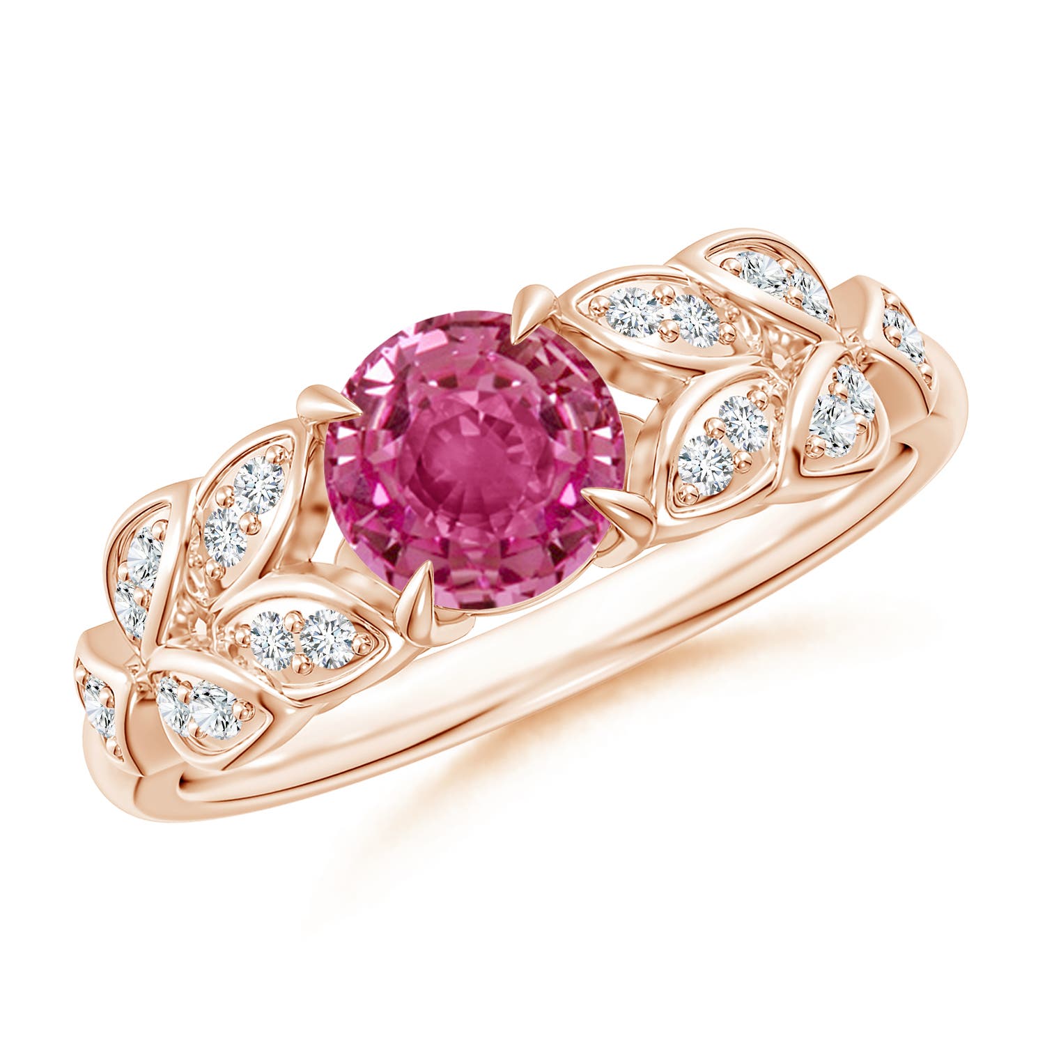 Nature Inspired Round Pink Sapphire Leaf Shank Ring | Angara