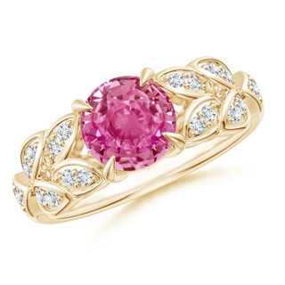 7mm AAA Nature Inspired Round Pink Sapphire Leaf Shank Ring in Yellow Gold