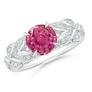 7mm AAAA Nature Inspired Round Pink Sapphire Leaf Shank Ring in P950 Platinum