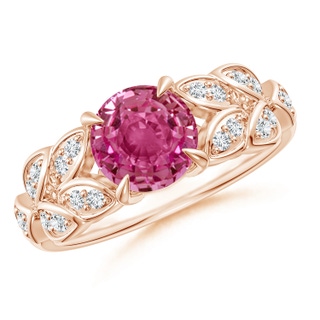 7mm AAAA Nature Inspired Round Pink Sapphire Leaf Shank Ring in Rose Gold