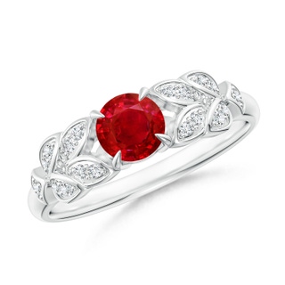 5mm AAA Nature Inspired Round Ruby Leaf Shank Ring in White Gold