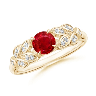 5mm AAA Nature Inspired Round Ruby Leaf Shank Ring in Yellow Gold