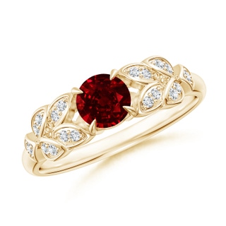 5mm AAAA Nature Inspired Round Ruby Leaf Shank Ring in Yellow Gold