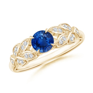 5mm AAA Nature Inspired Round Blue Sapphire Leaf Shank Ring in 9K Yellow Gold