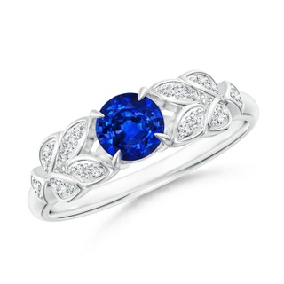 5mm AAAA Nature Inspired Round Blue Sapphire Leaf Shank Ring in White Gold