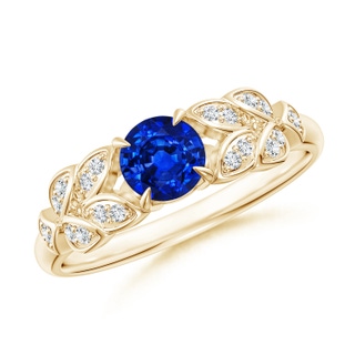 5mm AAAA Nature Inspired Round Blue Sapphire Leaf Shank Ring in Yellow Gold