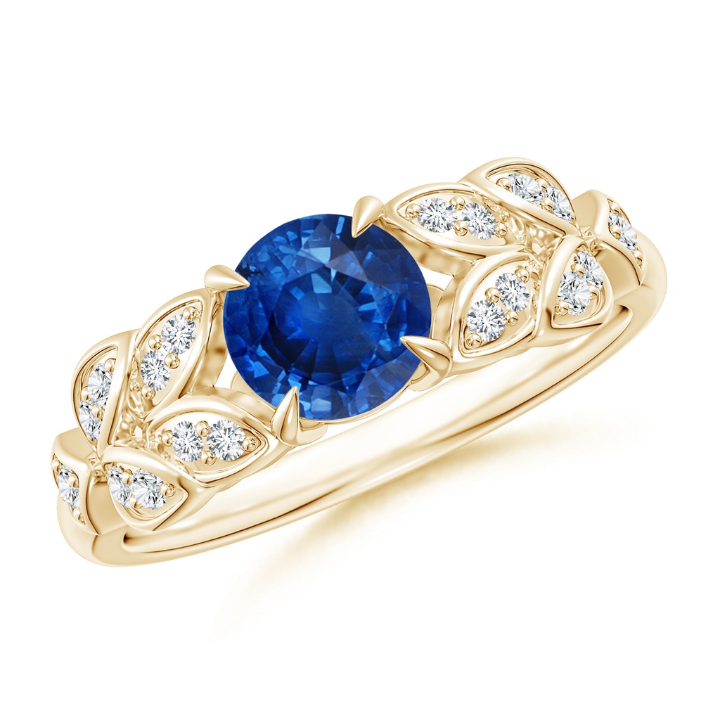 6mm AAA Nature Inspired Round Blue Sapphire Leaf Shank Ring in Yellow Gold