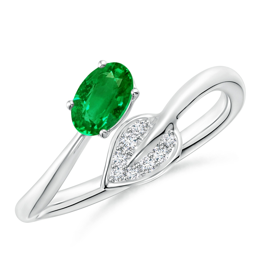6x4mm AAAA Nature Inspired Emerald Bypass Ring with Diamond Leaf in P950 Platinum