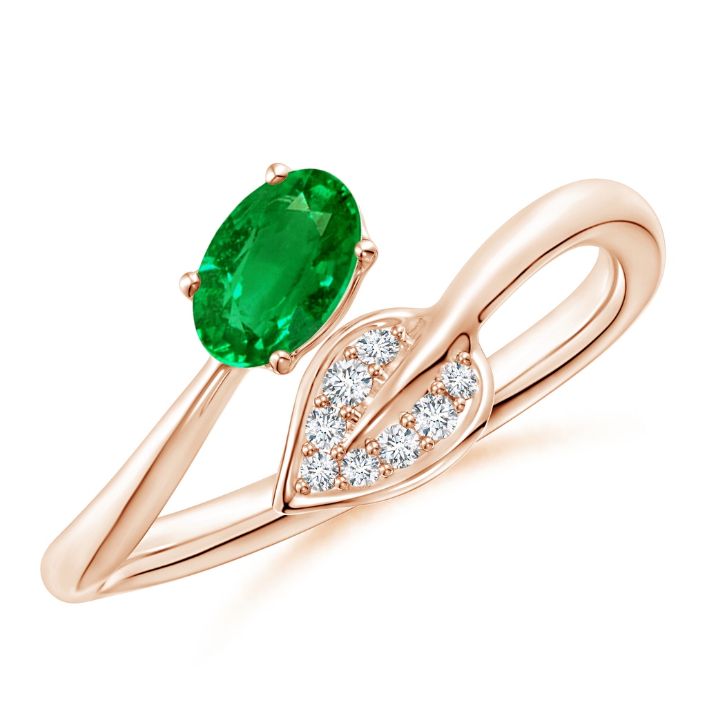 6x4mm AAAA Nature Inspired Emerald Bypass Ring with Diamond Leaf in Rose Gold