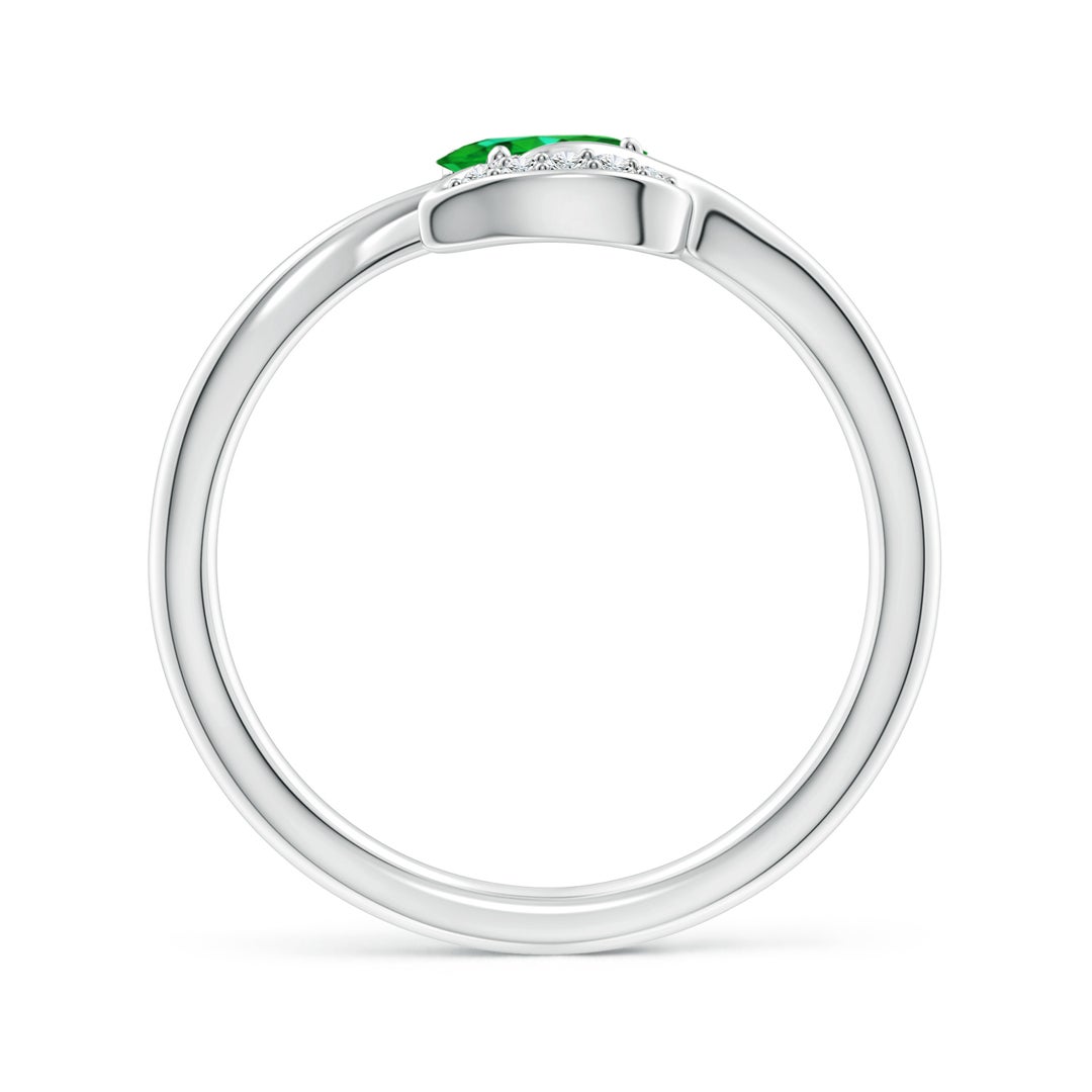 6x4mm AAAA Nature Inspired Emerald Bypass Ring with Diamond Leaf in White Gold - side 1