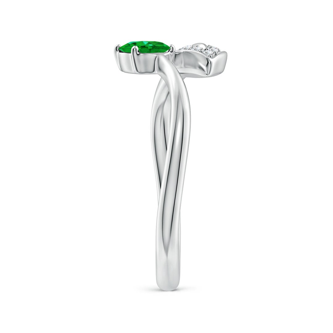 6x4mm AAAA Nature Inspired Emerald Bypass Ring with Diamond Leaf in White Gold - side 2