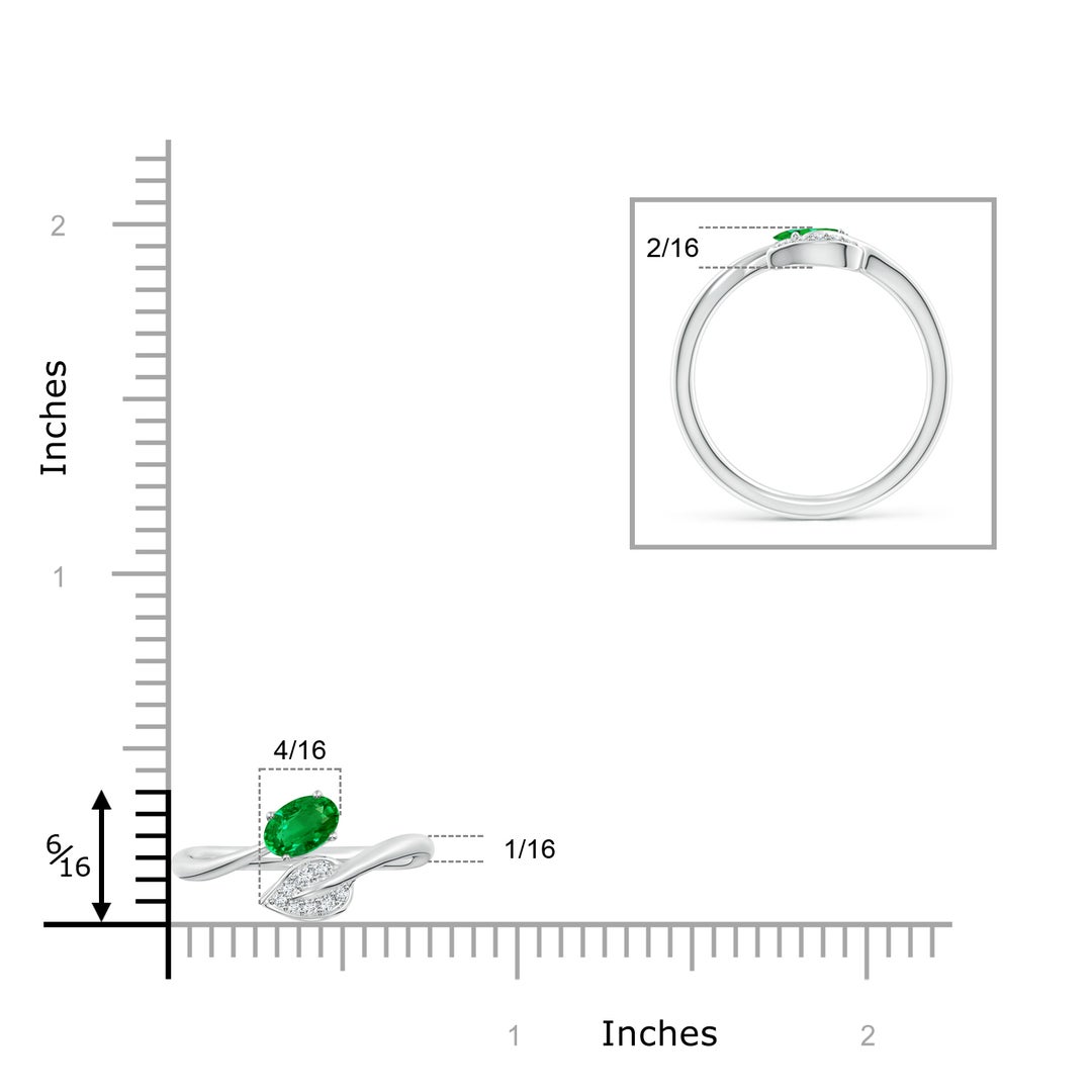 6x4mm AAAA Nature Inspired Emerald Bypass Ring with Diamond Leaf in White Gold - ruler