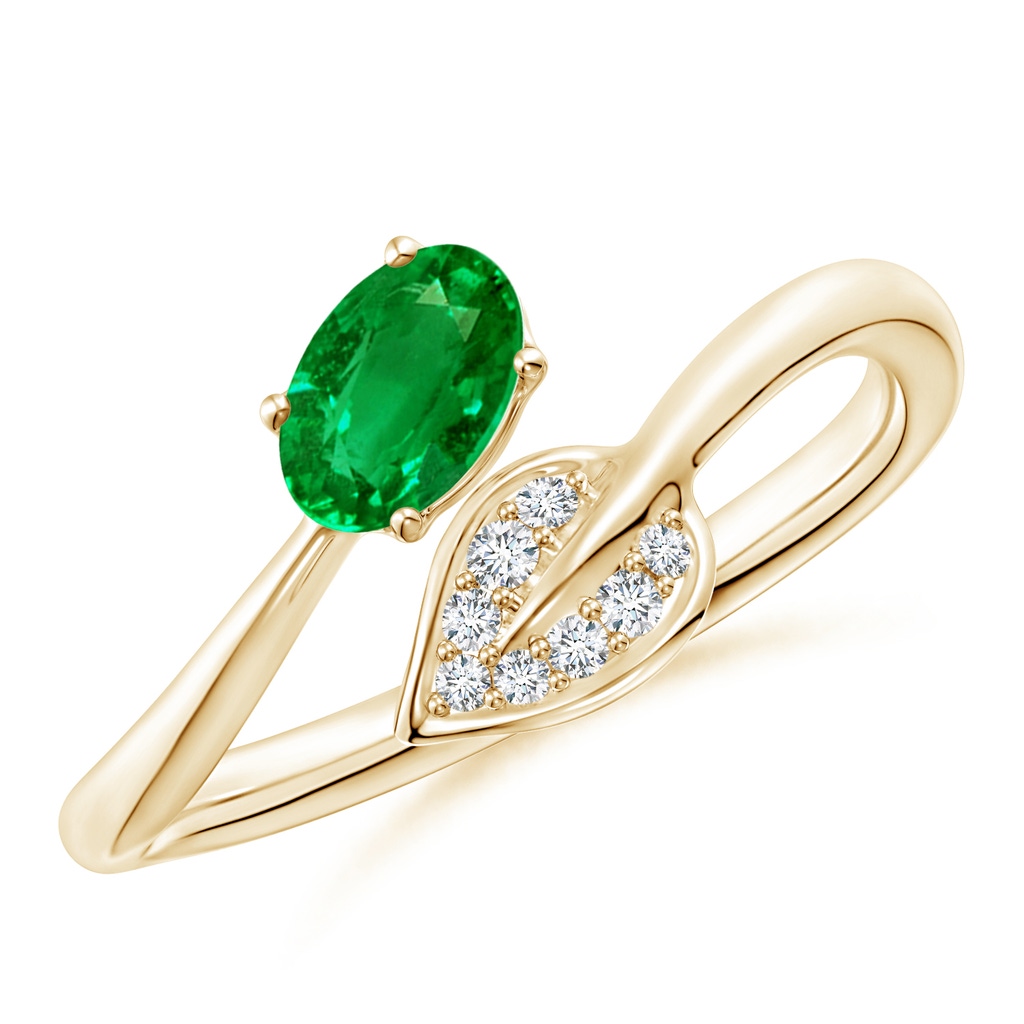 6x4mm AAAA Nature Inspired Emerald Bypass Ring with Diamond Leaf in Yellow Gold