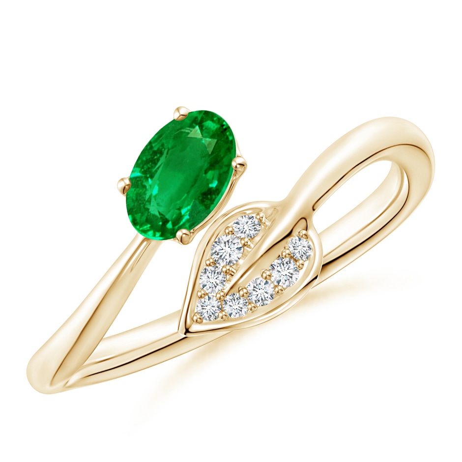 6x4mm AAAA Nature Inspired Emerald Bypass Ring with Diamond Leaf in Yellow Gold 