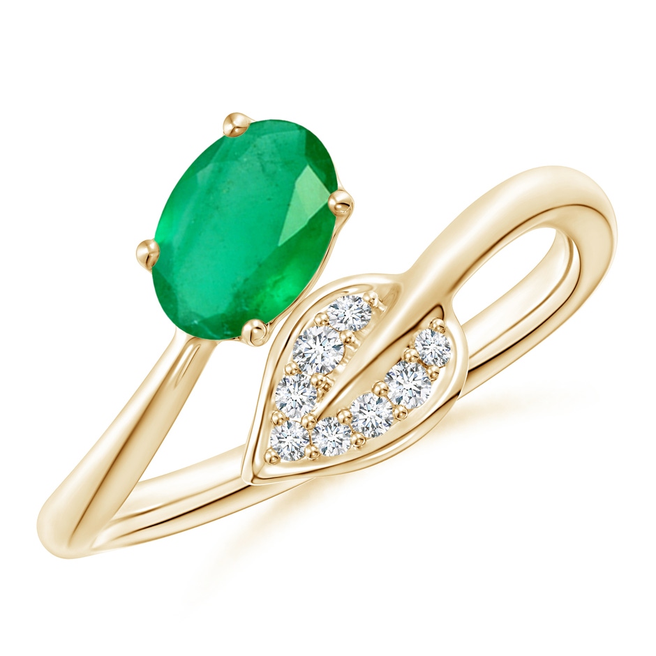 7x5mm A Nature Inspired Emerald Bypass Ring with Diamond Leaf in Yellow Gold 