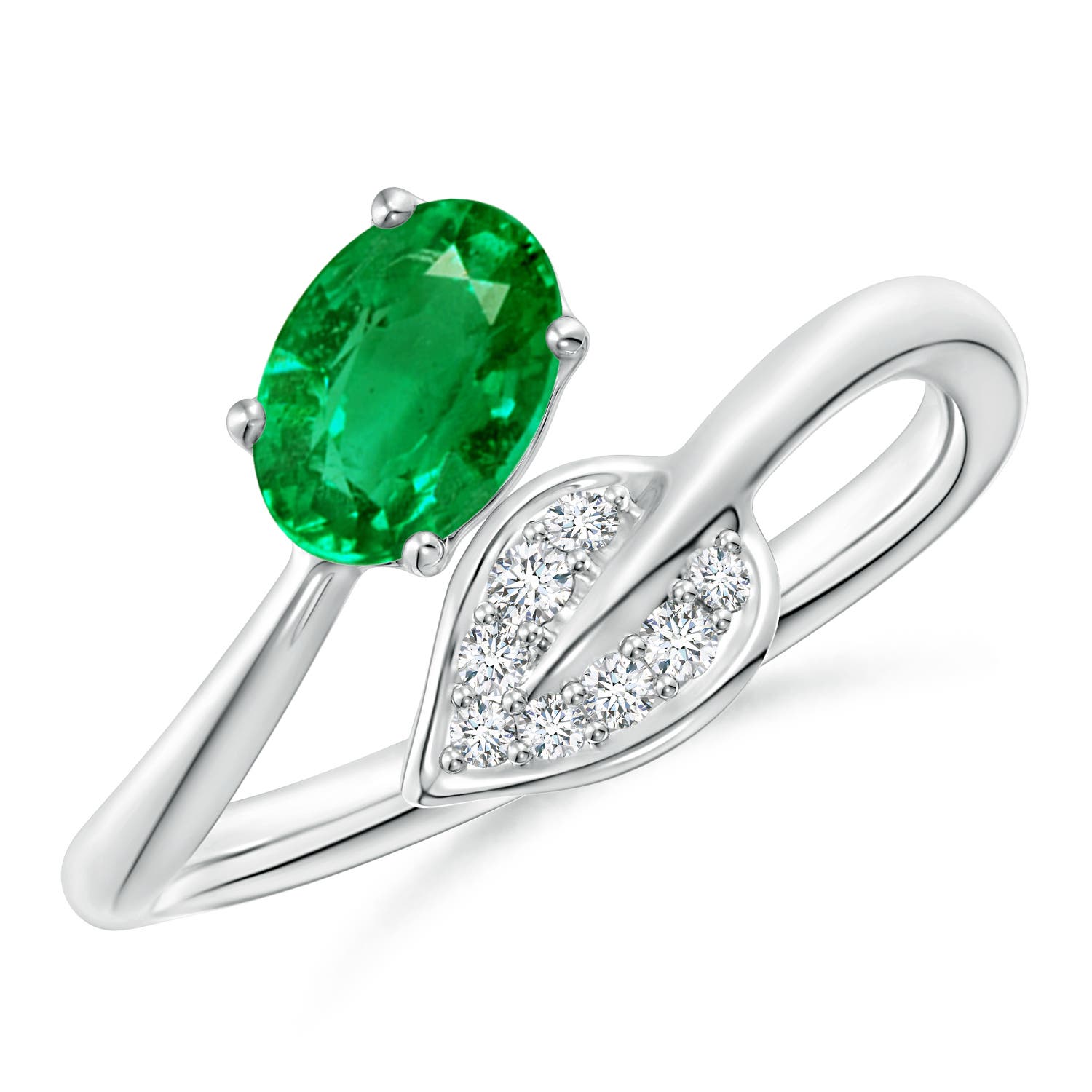 7x5mm AAA Nature Inspired Emerald Bypass Ring with Diamond Leaf in P950 Platinum