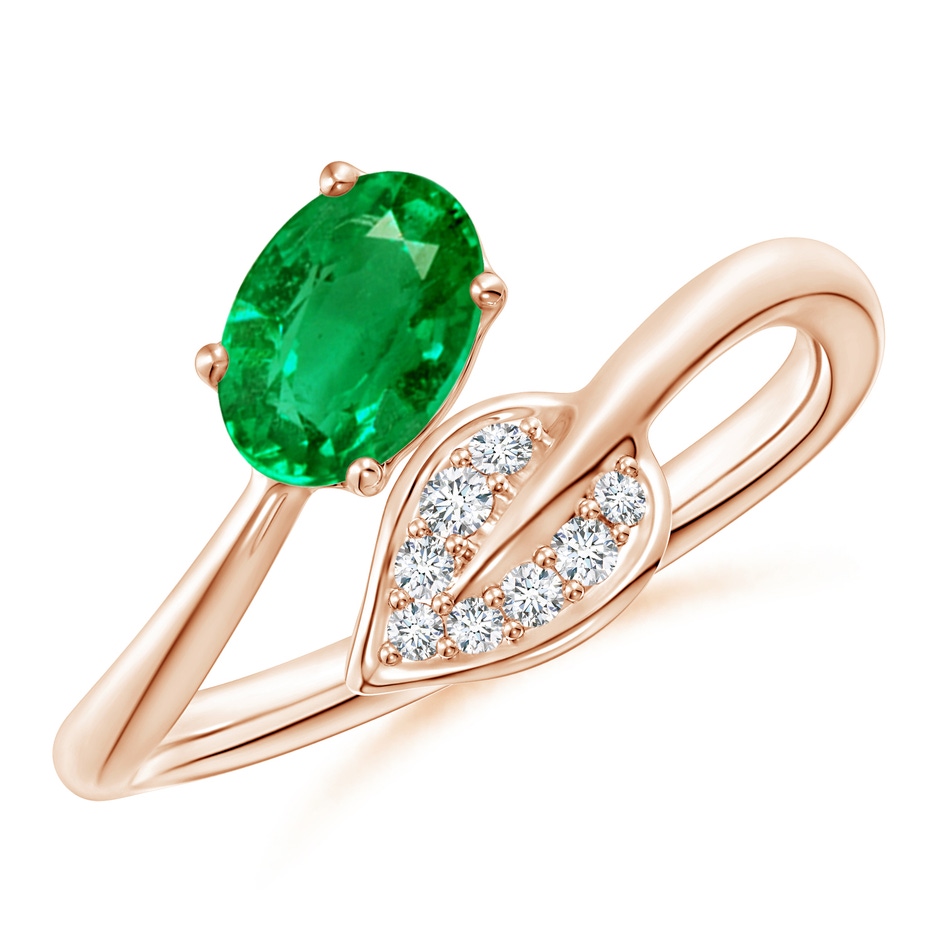 7x5mm AAA Nature Inspired Emerald Bypass Ring with Diamond Leaf in Rose Gold 