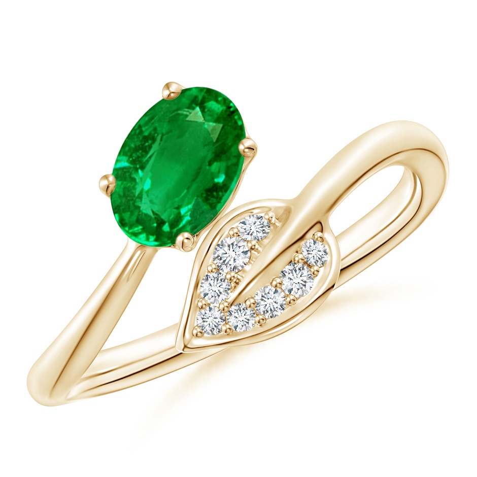 7x5mm AAAA Nature Inspired Emerald Bypass Ring with Diamond Leaf in Yellow Gold 