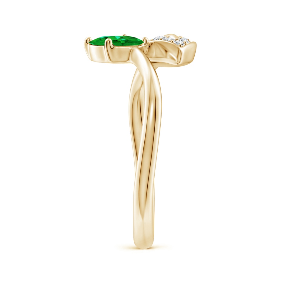 7x5mm AAAA Nature Inspired Emerald Bypass Ring with Diamond Leaf in Yellow Gold product image