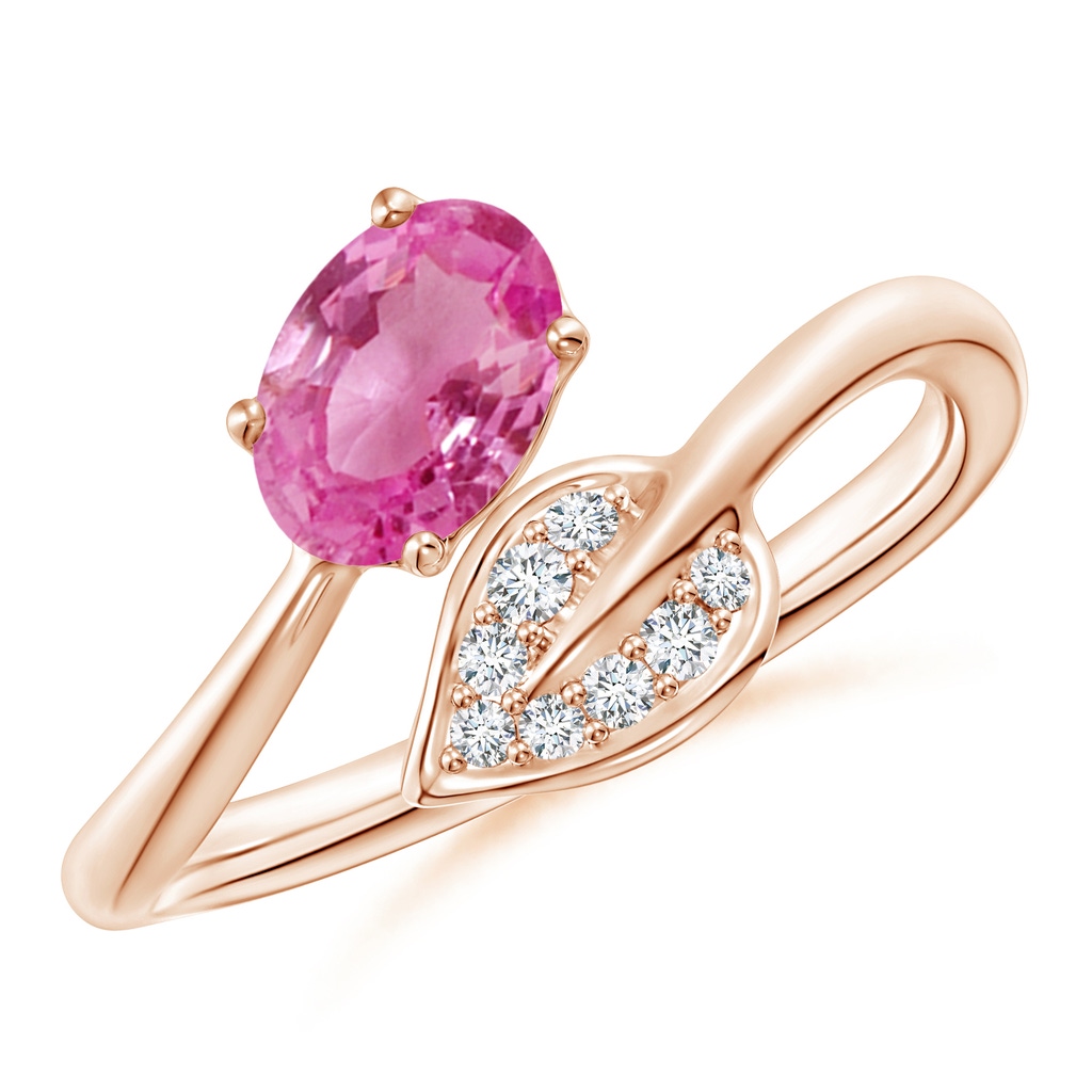 7x5mm AAA Nature Inspired Pink Sapphire Bypass Ring with Diamond Leaf in Rose Gold